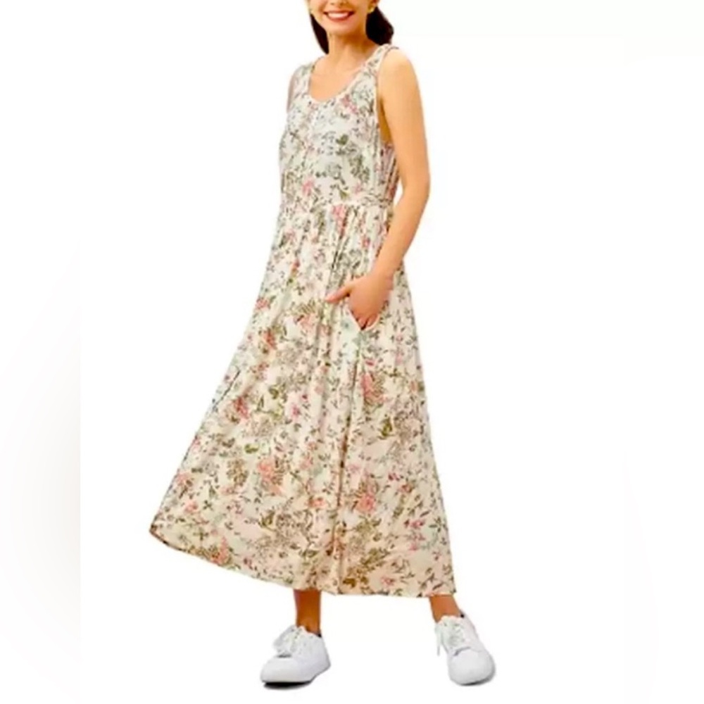 Frye White Floral Sleeveless Crinkle Button Up Midi Dress
